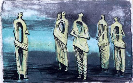 § Henry Moore (1898-1939) Standing Figures divided into 2 frames, 5.5 x 8.25in. and 5.5 x 8in.